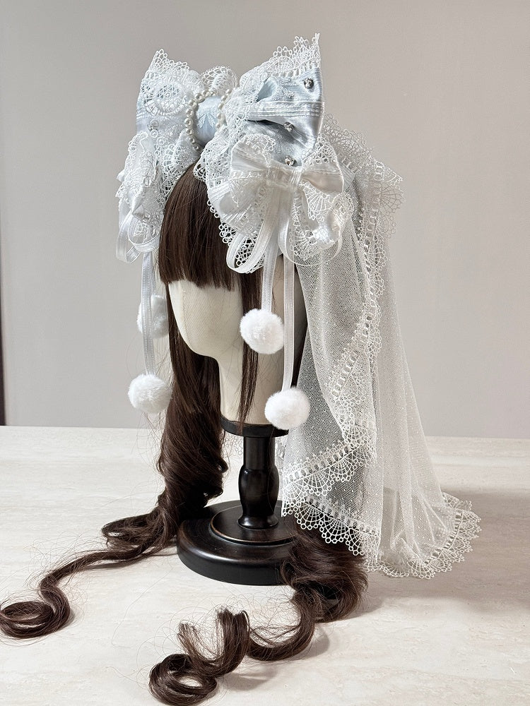 (Detachable Veil Multi-Color KC Lolita Set Bows) Head with Hairclip Lace