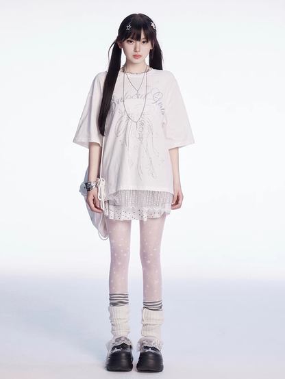 T-shirt Key Rhinestones Bowknot and Lace Trim White Round Neck