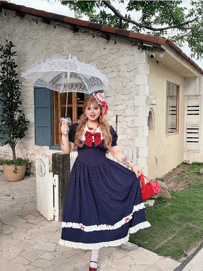 Plus Size Dark Blue Polka Dot Dress with Red Bow & Lace - Hard Candy