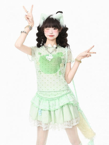 Green Double Layer Mesh Tee with Star Apple Print - Languid Park