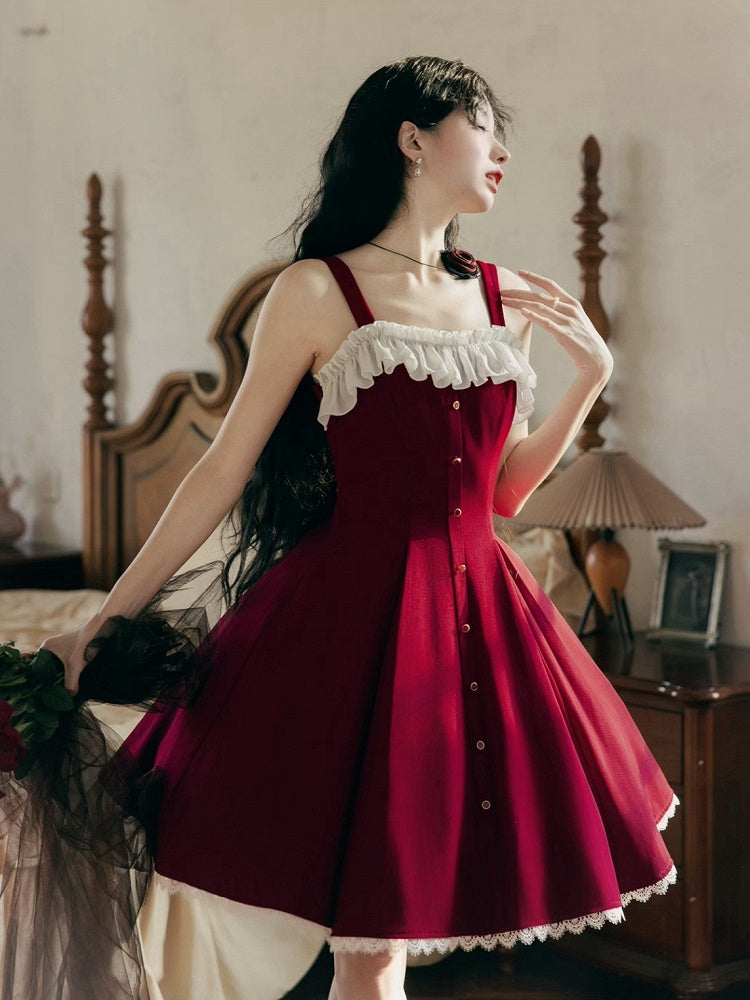 Kleid Fit Lolita Slim Fashion Taille Rot Elegant