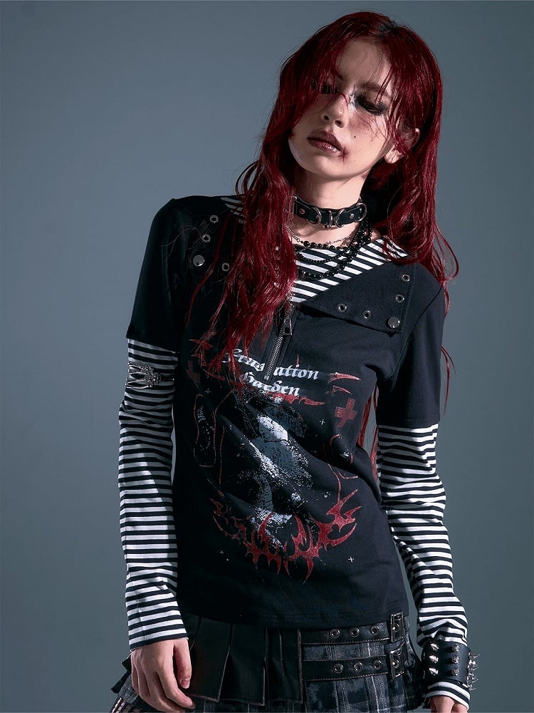 Pattern Black - Long Striped Rock Sleeve Punk Two-piece Top