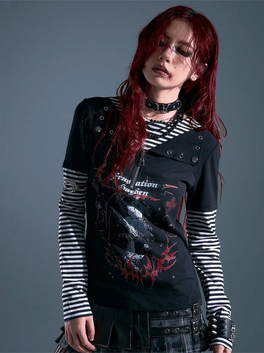 Pattern Black - Long Striped Rock Sleeve Punk Two-piece Top