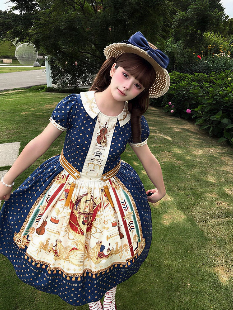 Short Dark Blue Musical Print Peter Pan Collar OP Dress with Tassels - Crucis Universal Tailor Company