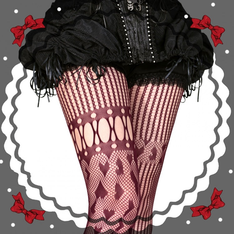 ブラック/レッド/ホワイトハート柄アシンメトリーフィッシュネットタイツ