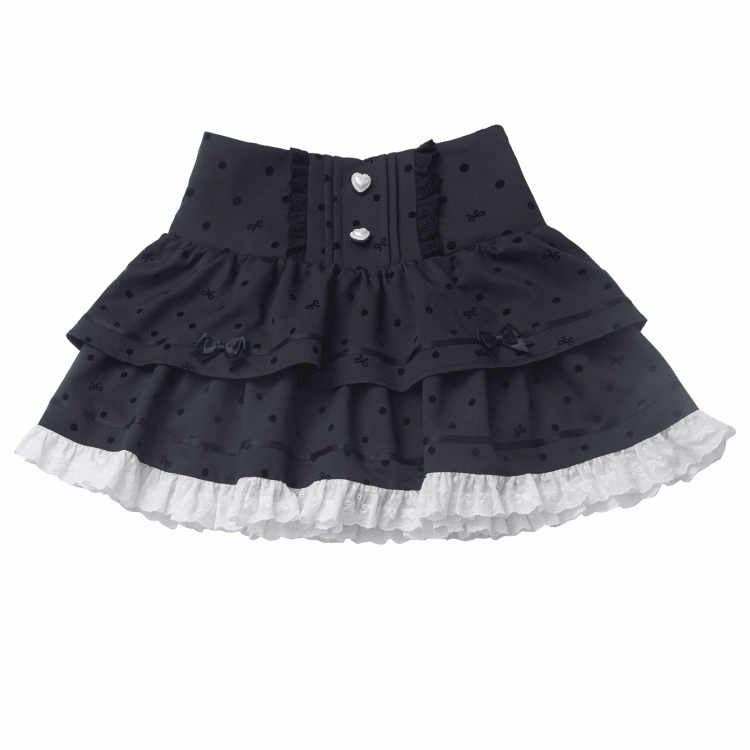 水玉模様のティアードスカート レース ホワイトトリム ブラック