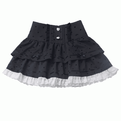 水玉模様のティアードスカート レース ホワイトトリム ブラック