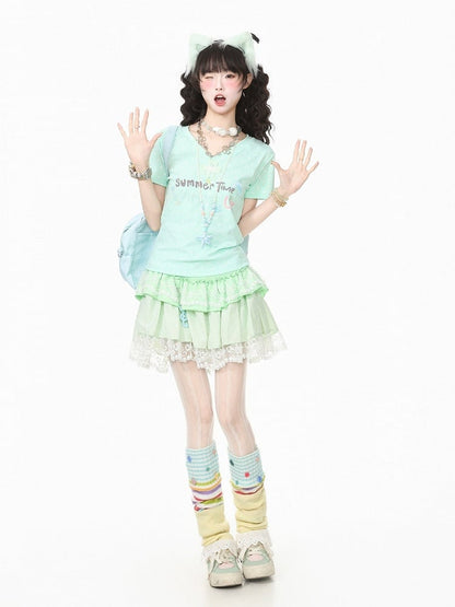 Green Summer Kawaii Letter Print V-Neck Short Sleeve T-Shirt with Starfish Necklace - Languid Park