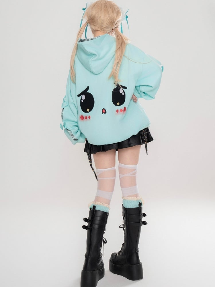 Süßer Yami Kawaii Türkisblau/Pink Zip Hoodie mit traurigen Augen