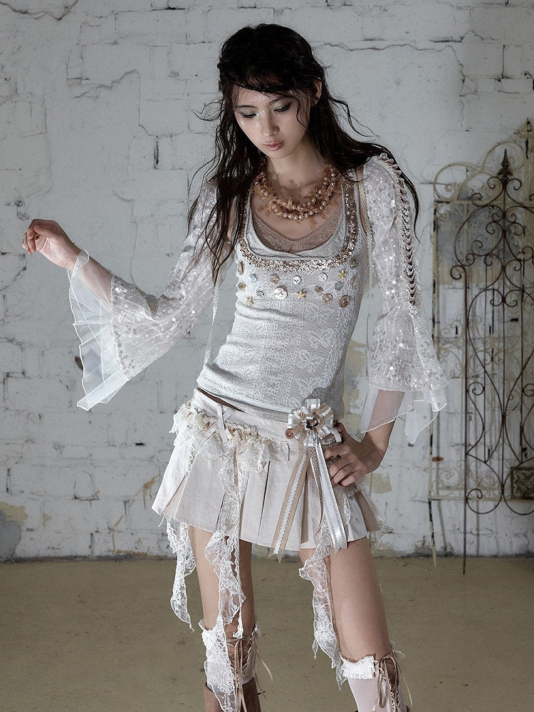 Punk Apricot Pleated Skort with Asymmetric Lace Trim - NO ROMANCE