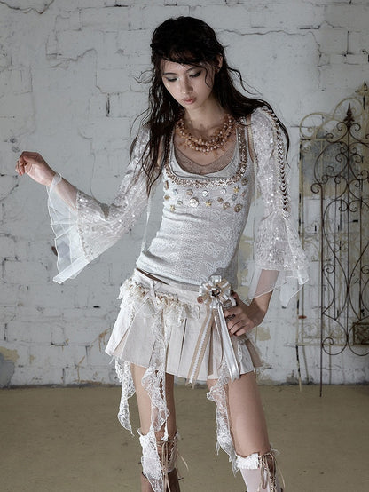 Punk Apricot Pleated Skort with Asymmetric Lace Trim - NO ROMANCE