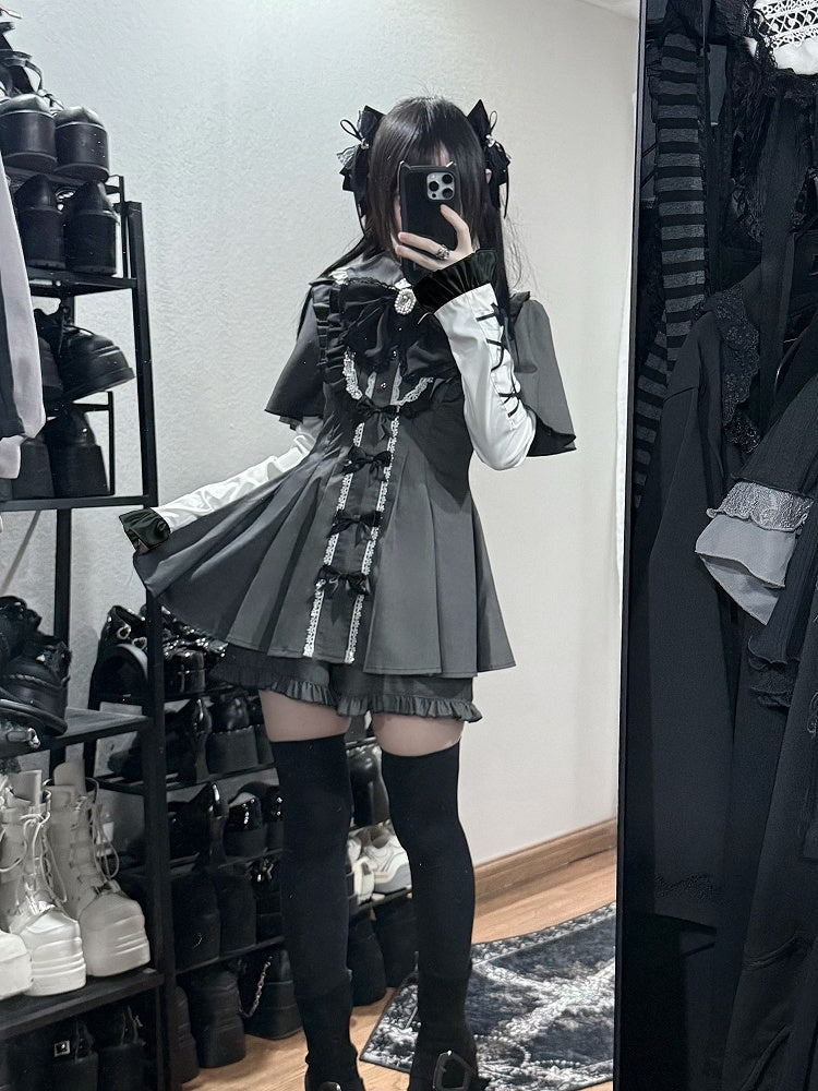 Detachable Dress + Sleeves Gray Tie Set Short-Sleeve Shorts Kei Matching Dark Jirai Full Bow