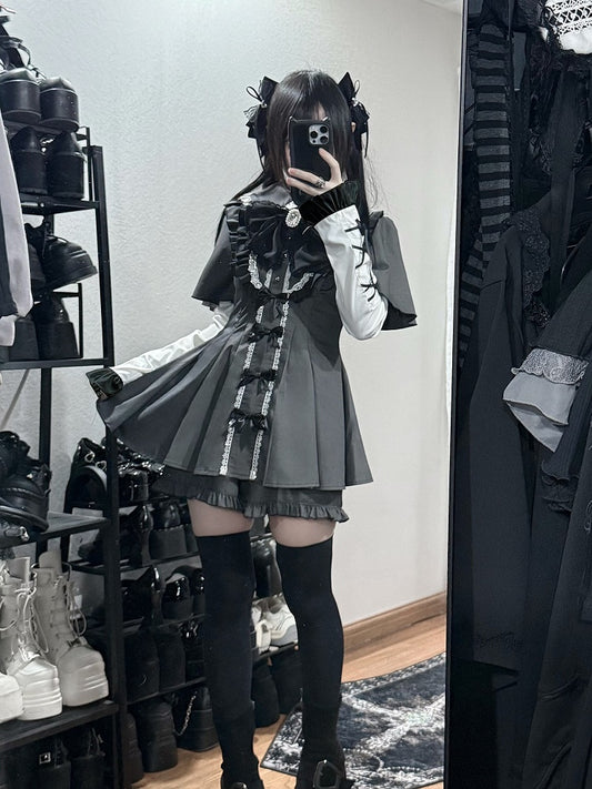 Detachable Dress + Sleeves Gray Tie Set Short-Sleeve Shorts Kei Matching Dark Jirai Full Bow