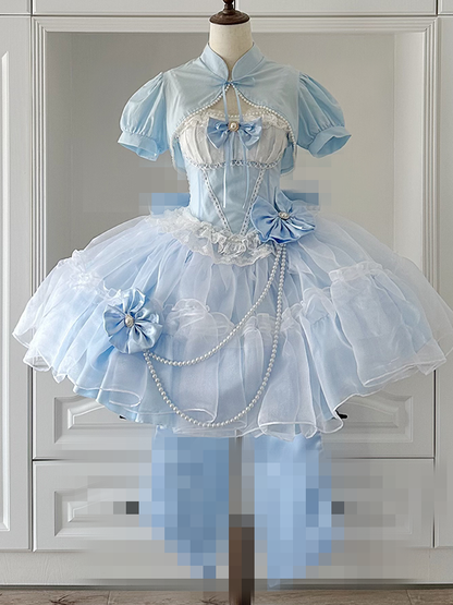 Bowknot Blue Chain Kleid Perle und Zubehör