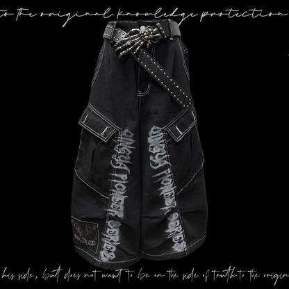 Jeans Schwarz Punk Print Vintage Weites Bein Cargo