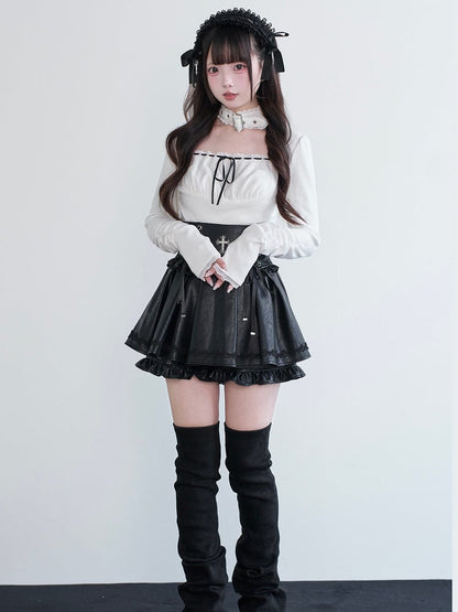 Cross Black Kei Lace-Up Skirt Jirai Decor Bow Ruffled Leather