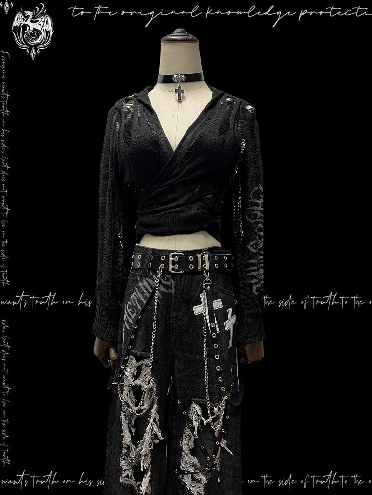 Strap Punk Schwarz Distressed Löcher mit Kapuze Strickjacke Glamouröse Selbst-krawatte