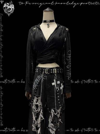 Strap Punk Schwarz Distressed Löcher mit Kapuze Strickjacke Glamouröse Selbst-krawatte