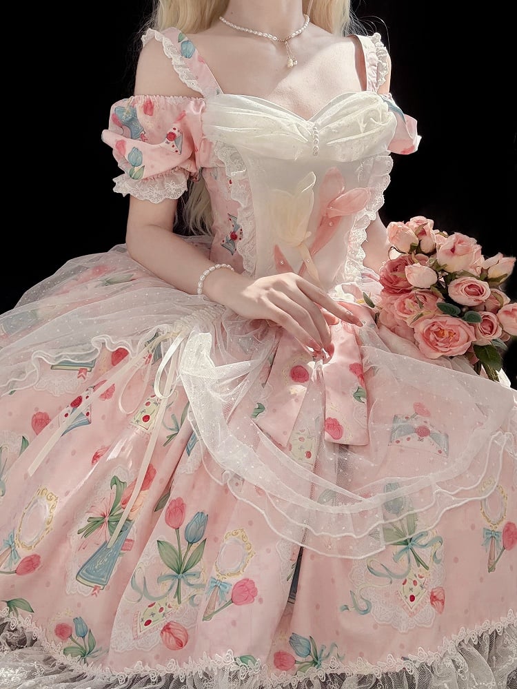 Dress with Pink Off-Shoulder Elegant Drawsting Tulip Lolita Print Tulle Overlay