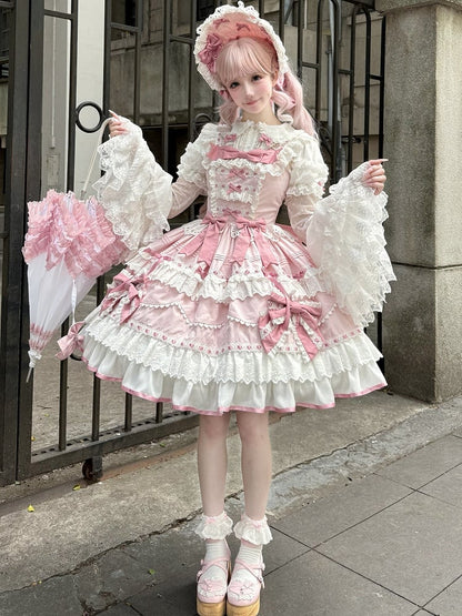 Rosa Ärmel Bluse Glocke Lange Schleifen Verziert Layered Weiß