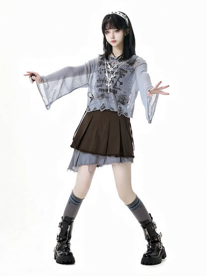 Rock mit ausgefranstem Saum, gestuft, grau, asymmetrisches Design und Colorblock, braun