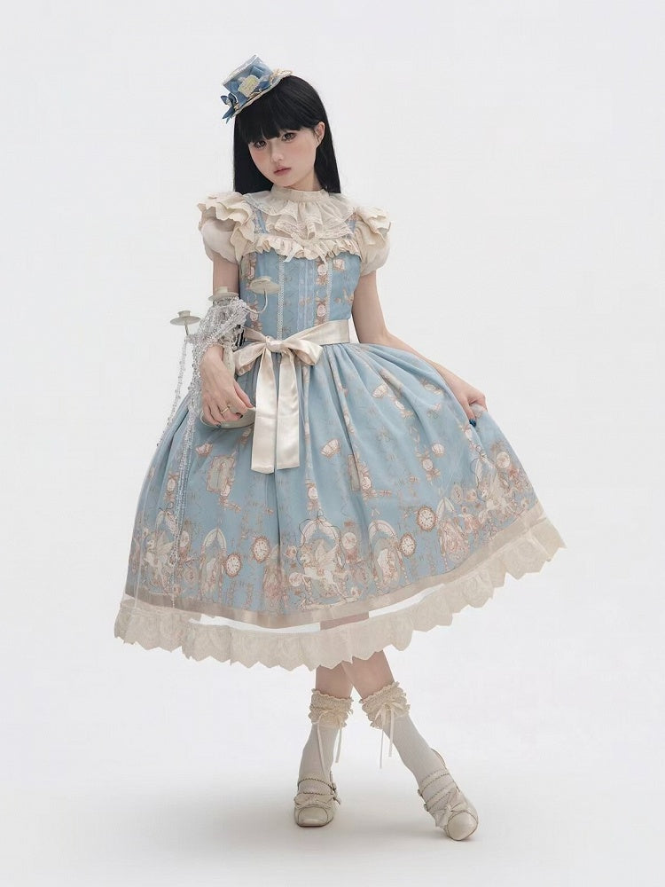 Elegant Lolita JSK Dress with Angel Unicorn Floral Print and Flutter Sleeves - Qian Mu