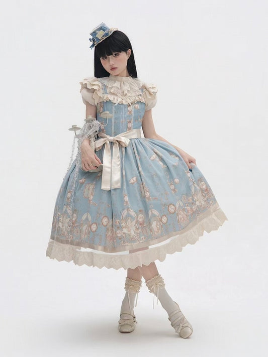 Elegant Lolita JSK Dress with Angel Unicorn Floral Print and Flutter Sleeves - Qian Mu