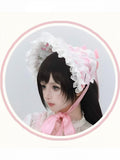 Pink-White Lolita Bonnet with Elegant Bow - Cat Magician