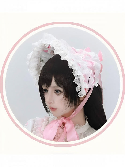 Pink-White Lolita Bonnet with Elegant Bow - Cat Magician