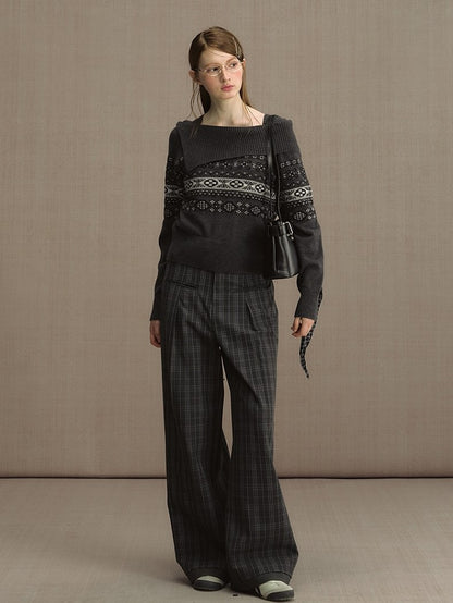 Gray/Blue Asymmetric Off-Shoulder Knit Sweater with Jacquard Details