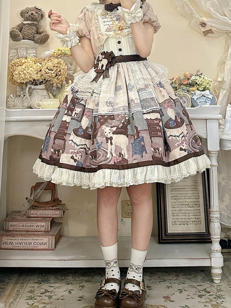 Trims Beige with Dress Brown Lolita Round Print Home Sheep's Sweet Neck Lace