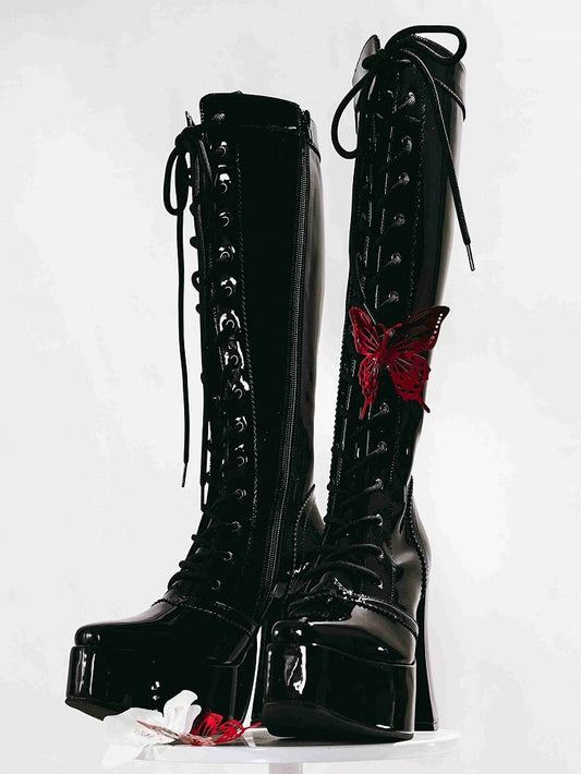 Boots Knee-high Lace-up Ties Front Black Block Heel Platform Polished High Gothic