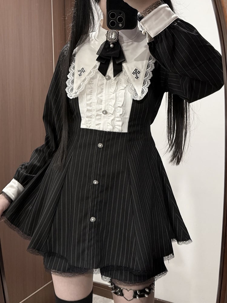 Kei Black Set: Jirai Striped Dress with Cross 3-Piece Embroidered Pointed Collar
