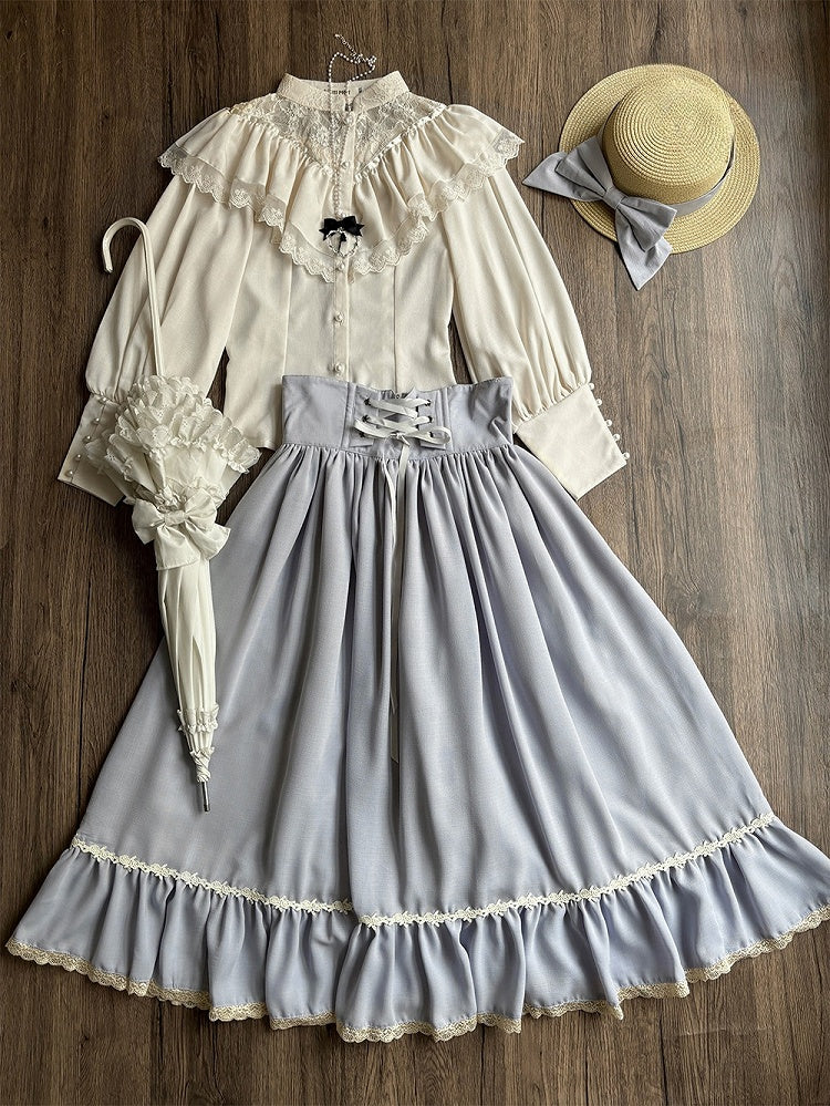 Light Gray Boned High Waist Elegant Classic Lolita Skirt with Lace Trim
