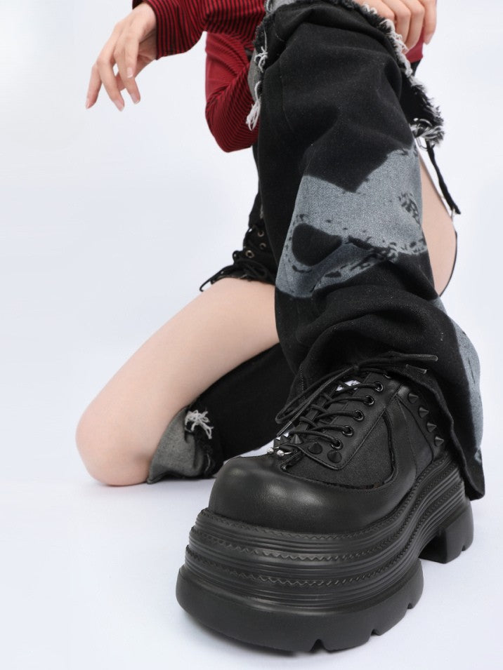 Platform Closure Design Shoes Black Lace-up Accents Stud with Punk