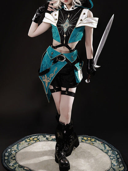 Teal Ouji Lolita Cutout Hooded Top + Asymmetric Metal Button Shorts Set - Xiong Dou Jiang