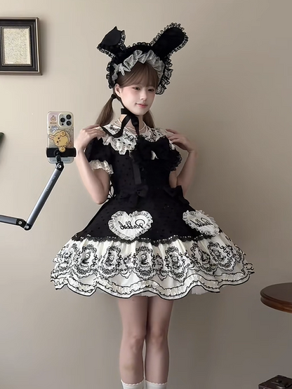 Dress Appliques Rabbit Lace-Trimmed Pattern Sweetheart Black Lolita Polka Sweet with Dot