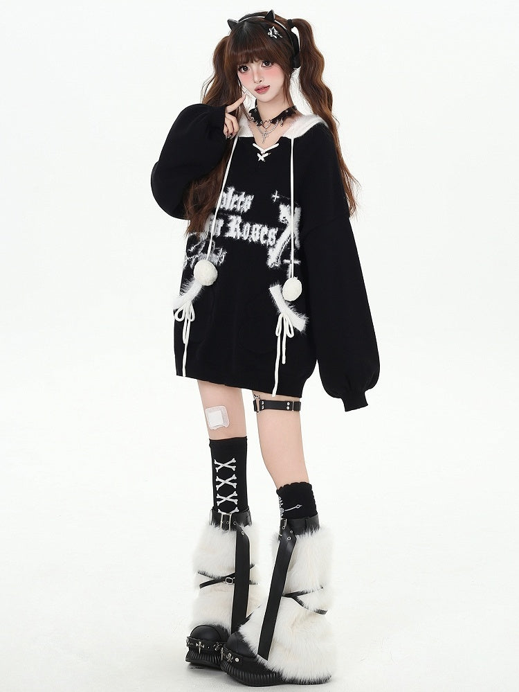 Black Letters Pattern Hooded V-neck Loose Sweater