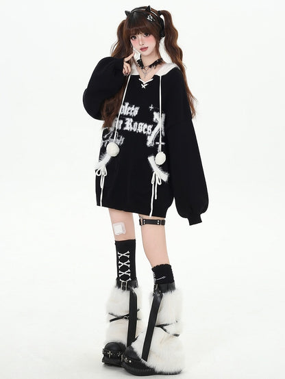 Black Letters Pattern Hooded V-neck Loose Sweater