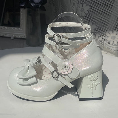 Shoes PU Rose Leather Silver-white in Bow High-heel Details with Decorative Elegant Lolita