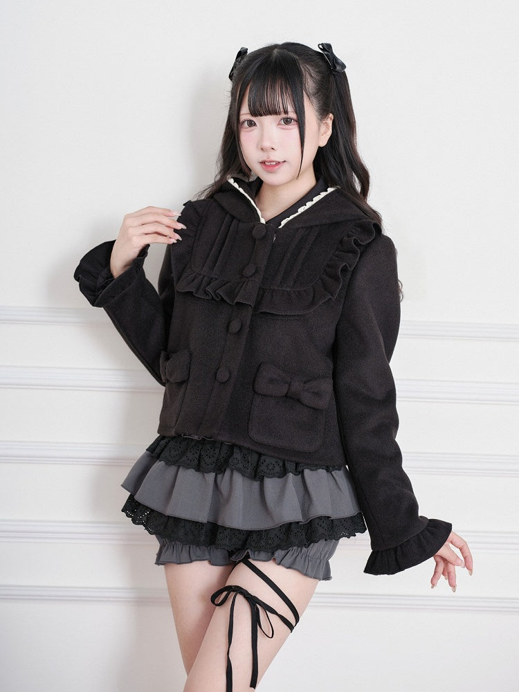 Black Jirai-Kei Wool-Blend Short Hooded Jacket, Ruffled Detail - No Genki