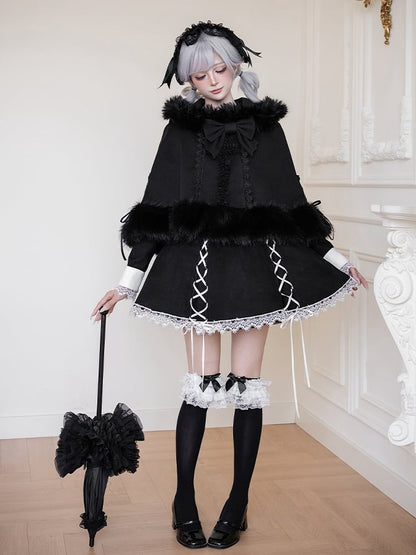 Cape Winter Black with Cat Ear Faux Fur Lolita Trim Hooded