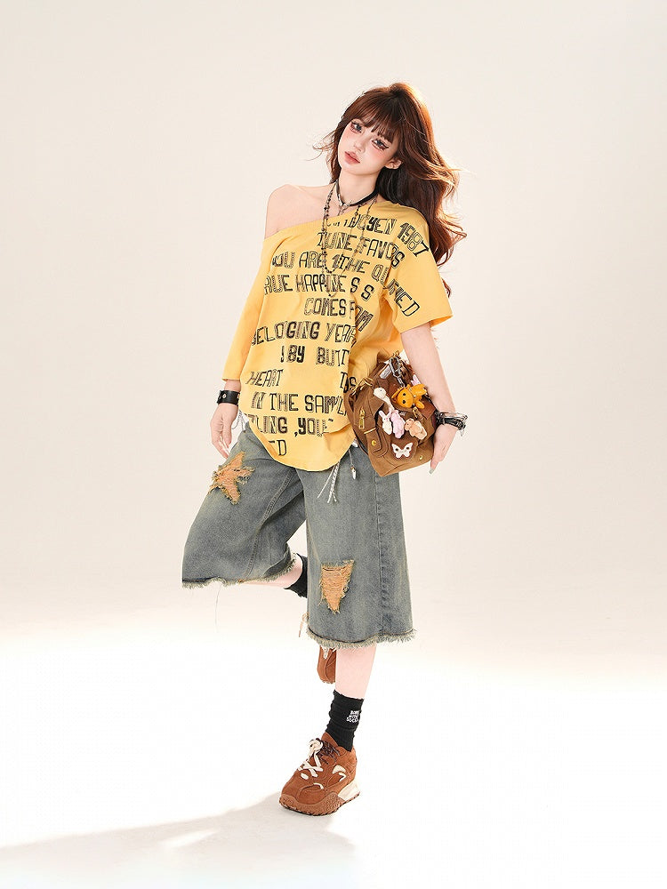 アシンメトリーネックライン レタープリント ルーズTシャツ イエロー/ホワイト/ブラック