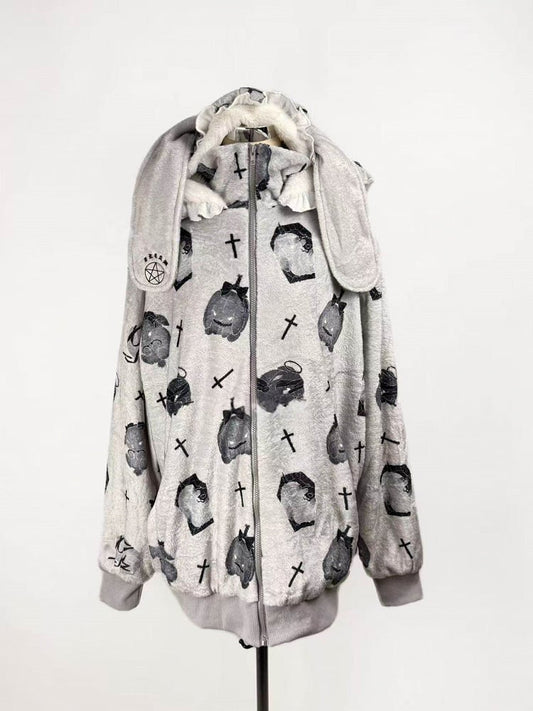 Jacket Fleece Pattern Kei Hooded Jirai Cartoon Bunny-Ear Gray Bunny