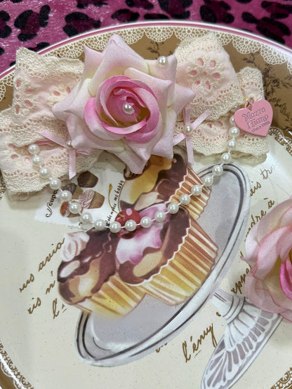 Haarspange mit Schleife und Anhänger, Beige/Pink, Blumenmuster, Perlen