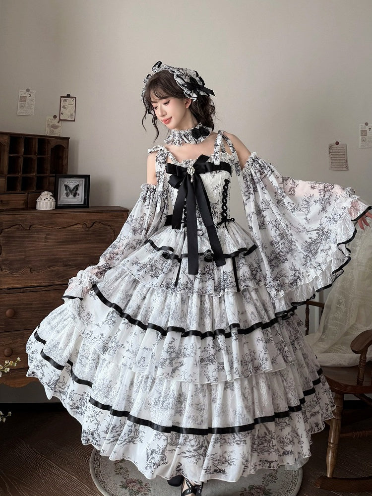 Black & White Porcelain-Inspired Lolita Choker with Roses - Sleepless Star