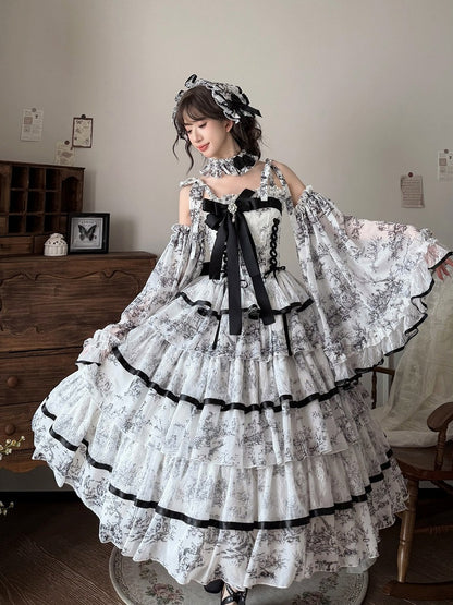 Elegant Hanayome-Style Black & White Porcelain-Inspired 120CM-Length Lolita Princess Dress - Sleepless Star