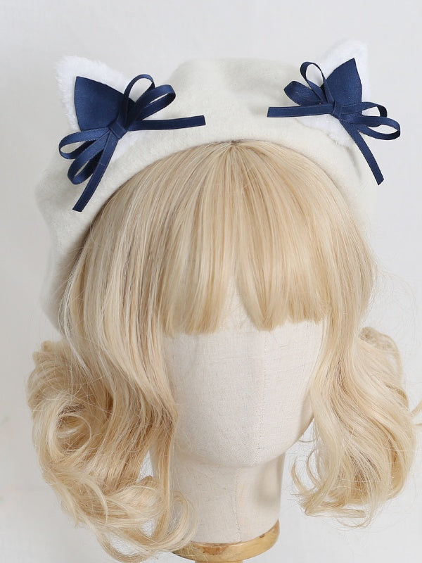 Colors Lolita Cute Off-white 11 Beret With Kitty Bowknot Ears