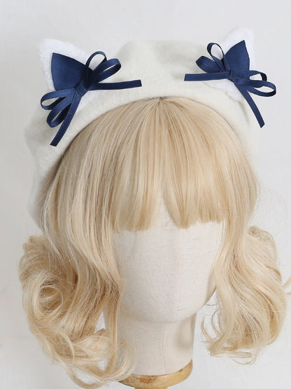 Colors Lolita Cute Off-white 11 Beret With Kitty Bowknot Ears