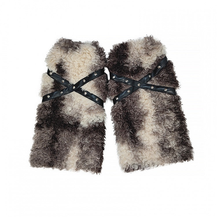 Strap Design Faux Fur Leg Warmers with Crossed Khaki Beige/Black Beige